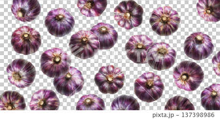 Whole purple garlic bulbs arranged in a scattered seamless pattern, isolated on white background, concept of organic food Whole purple garlic bulbs arranged in a scattered seamless pattern, isolated on white background, concept of organic food 137398986