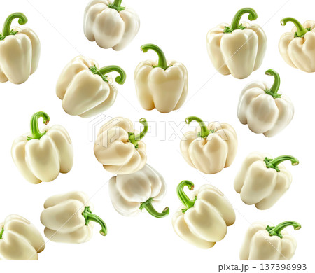 Multiple fresh white bell peppers with green stems scattered and isolated on white background, Concept of healthy organic food 137398993