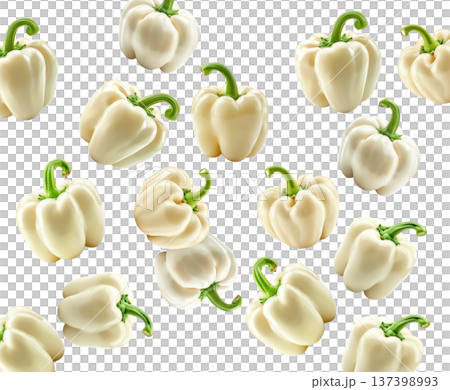 Multiple fresh white bell peppers with green stems scattered and isolated on white background, Concept of healthy organic food 137398993