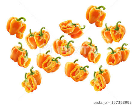 Multiple fresh orange bell peppers scattered in a seamless pattern, isolated on white background, concept of healthy food Multiple fresh orange bell peppers scattered in a seamless pattern, isolated on white background, concept of healthy food 137398995