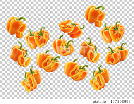 Multiple fresh orange bell peppers scattered in a seamless pattern, isolated on white background, concept of healthy food 137398995