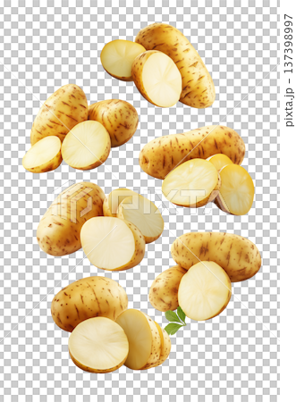 Fresh raw potatoes with skin, scattered and isolated on white background, concept of organic food ingredients Fresh raw potatoes with skin, scattered and isolated on white background, concept of organic food ingredients 137398997
