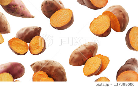 Whole and halved sweet potatoes scattered randomly, isolated on white background. Concept of fresh natural vegetables 137399000