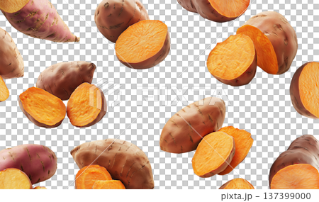 Whole and halved sweet potatoes scattered randomly, isolated on white background. Concept of fresh natural vegetables 137399000