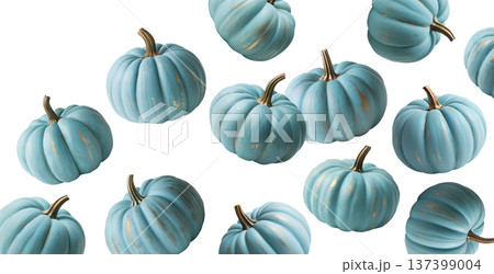 Multiple blue pumpkins with a distressed paint finish, rustic style, isolated on white background, autumn decoration concept 137399004