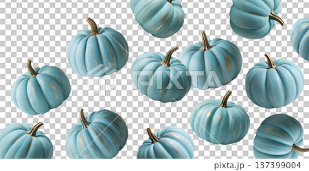Multiple blue pumpkins with a distressed paint finish, rustic style, isolated on white background, autumn decoration concept 137399004
