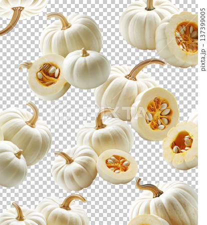 White mini pumpkins with natural stems and speckles, in a scattered layout isolated on white background. White mini pumpkins with natural stems and speckles, in a scattered layout isolated on white background. 137399005