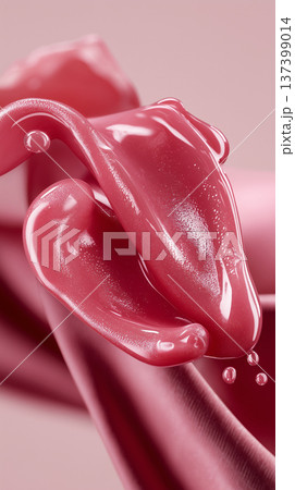 Closeup of glossy pink creamy swirl, abstract style, on a soft pastel background, symbolizing beauty and skincare concepts 137399014