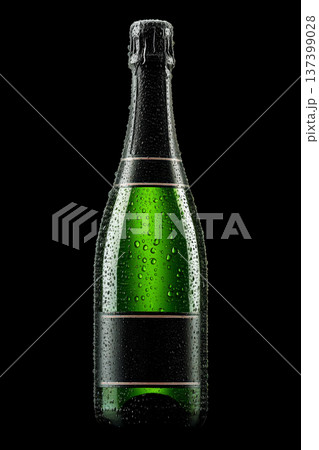 Champagne bottle with rising bubbles on black backdrop with clipping path, symbolizing celebration and elegance 137399028