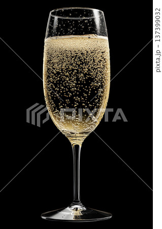 Trumpet clear wine glass filled with sparkling champagne and bubbles on black background with clipping path Trumpet clear wine glass filled with sparkling champagne and bubbles on black background with clipping path 137399032