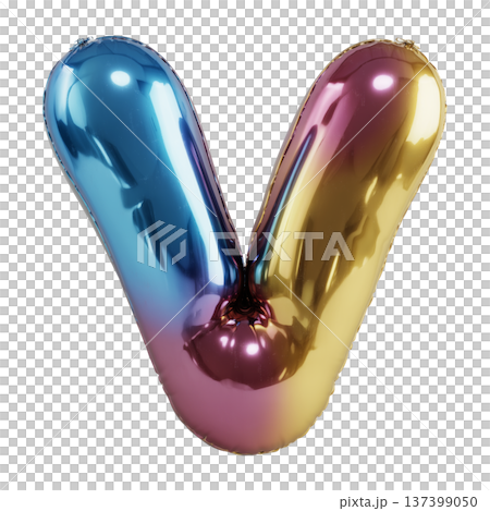 Multicolor metallic inflated balloon letter V shown in glossy style isolated on white background, celebration and festive concept 137399050