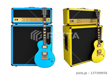 Set of amplifier with acoustic guitar isolated on white background. Set of amplifier with acoustic guitar isolated on white background. 137399056