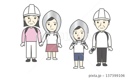防災対策をする親子4人のイラストセット 避難訓練・ヘルメット・家族・防災頭巾 137399106