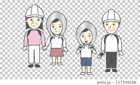 Illustration set of four parents and children taking disaster prevention measures: evacuation drills, helmets, families, and disaster prevention hoods 137399106