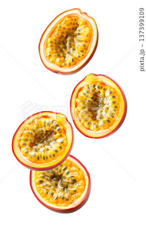 Multiple fresh passion fruit halves showing juicy pulp and seeds isolated on white background, concept of tropical fruit freshness 137399109