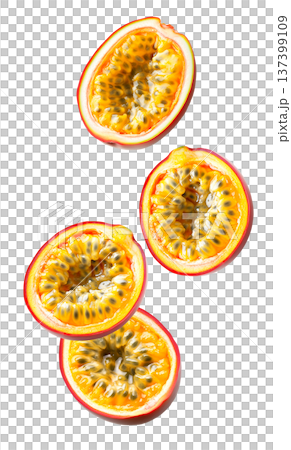 Multiple fresh passion fruit halves showing juicy pulp and seeds isolated on white background, concept of tropical fruit freshness 137399109