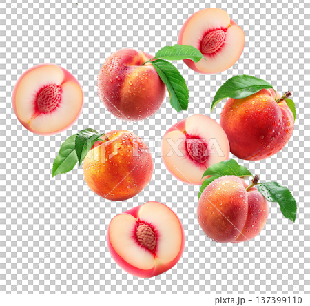 Whole and halved ripe peaches with green leaves and water droplets on white background, freshness and natural fruit concept Whole and halved ripe peaches with green leaves and water droplets on white background, freshness and natural fruit concept 137399110