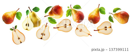 Juicy red yellow pear with water drops and sliced halves, isolated on white background, concept of freshness and fruit 137399111