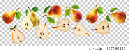 Juicy red yellow pear with water drops and sliced halves, isolated on white background, concept of freshness and fruit Juicy red yellow pear with water drops and sliced halves, isolated on white background, concept of freshness and fruit 137399111