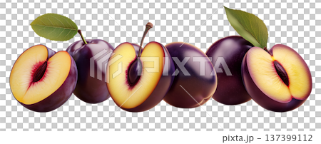 Juicy red and purple plums with green leaves and water droplets on white background, concept of freshness and healthy food Juicy red and purple plums with green leaves and water droplets on white background, concept of freshness and healthy food 137399112