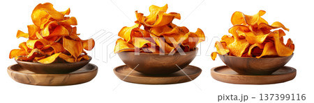 Kumara sweet potato chips isolated on white transparent background, representing healthy New Zealand snack food concept 137399116