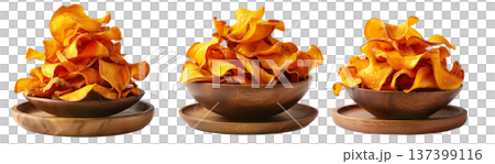Kumara sweet potato chips isolated on white transparent background, representing healthy New Zealand snack food concept 137399116