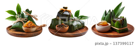 Pandanus fruit paste in wooden bowl with fresh pandanus leaves and fruit on wooden plate, isolated on white transparent background 137399117