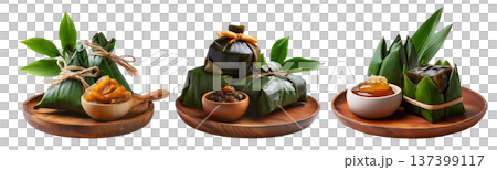 Pandanus fruit paste in wooden bowl with fresh pandanus leaves and fruit on wooden plate, isolated on white transparent background 137399117