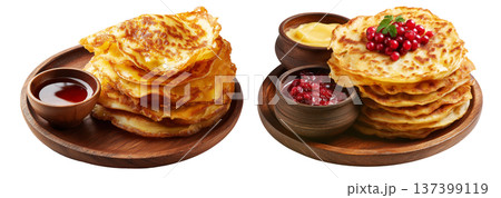 Sago Pancakes thin crepes or stack of pancakes topped with powdered sugar isolated on white background, Papua New Guinea breakfast 137399119
