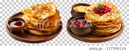 Sago Pancakes thin crepes or stack of pancakes topped with powdered sugar isolated on white background, Papua New Guinea breakfast 137399119