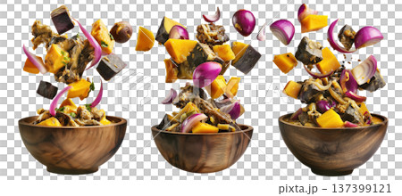 Papua New Guinea Taro and Sweet Potato Stew, thick stew of root vegetables and leafy greens, isolated on white background 137399121