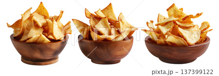 Pile of Tavioka or Cassava chips served in rustic wooden bowl, isolated on white background, concept of Fijian snack food Pile of Tavioka or Cassava chips served in rustic wooden bowl, isolated on white background, concept of Fijian snack food 137399122
