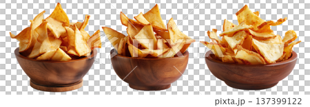 Pile of Tavioka or Cassava chips served in rustic wooden bowl, isolated on white background, concept of Fijian snack food Pile of Tavioka or Cassava chips served in rustic wooden bowl, isolated on white background, concept of Fijian snack food 137399122