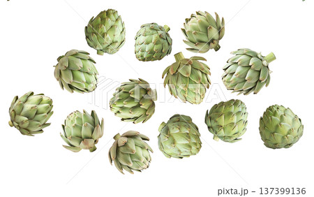 Fresh whole green artichokes isolated on white background, showcasing natural texture and detail, concept of healthy eating Fresh whole green artichokes isolated on white background, showcasing natural texture and detail, concept of healthy eating 137399136