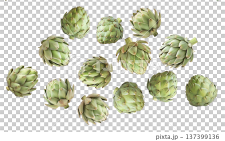 Fresh whole green artichokes isolated on white background, showcasing natural texture and detail, concept of healthy eating 137399136