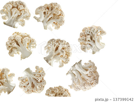 Multiple fresh cauliflower heads with green leaves isolated on a white background, concept of healthy organic vegetables Multiple fresh cauliflower heads with green leaves isolated on a white background, concept of healthy organic vegetables 137399142