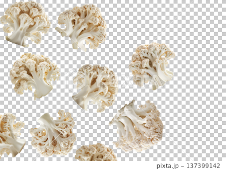 Multiple fresh cauliflower heads with green leaves isolated on a white background, concept of healthy organic vegetables Multiple fresh cauliflower heads with green leaves isolated on a white background, concept of healthy organic vegetables 137399142