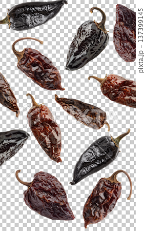 Dried chili peppers scattered and isolated on white background, spicy food concept, showcasing culinary ingredients texture 137399145