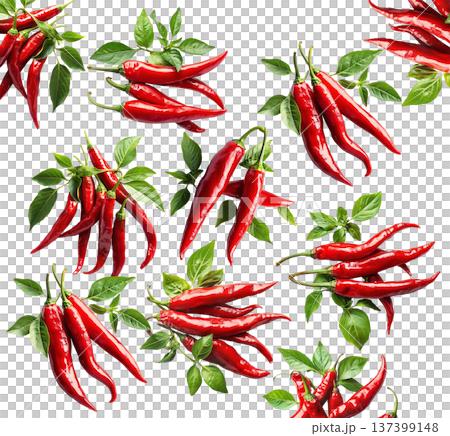 Bunches of red chili peppers with green leaves isolated on white background, concept of spice and flavor Bunches of red chili peppers with green leaves isolated on white background, concept of spice and flavor 137399148