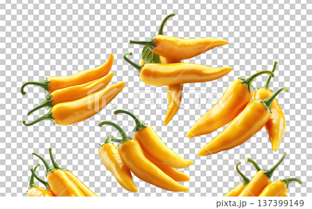 Fresh yellow chili peppers in various bunches, isolated on clean white background, concept of spicy food Fresh yellow chili peppers in various bunches, isolated on clean white background, concept of spicy food 137399149