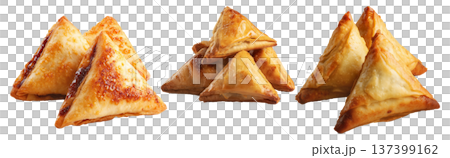 Set of Briouat triangular fruit filled pastries, phyllo pastries filled with meat or almonds on white, Arabic sweet desserts Set of Briouat triangular fruit filled pastries, phyllo pastries filled with meat or almonds on white, Arabic sweet desserts 137399162