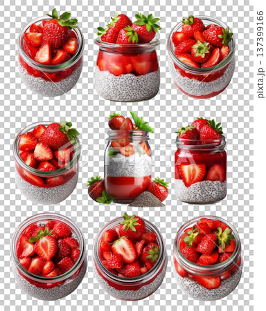 Fresh strawberry chia pudding in glass jar topped with mint leaves, isolated on white transparent background Fresh strawberry chia pudding in glass jar topped with mint leaves, isolated on white transparent background 137399166