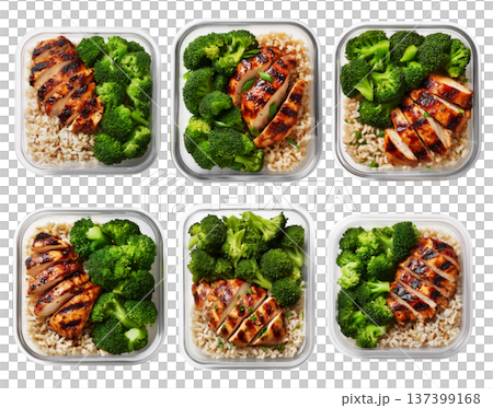 Healthy grilled chicken, brown rice, and broccoli in plastic meal container isolated on white transparent background Healthy grilled chicken, brown rice, and broccoli in plastic meal container isolated on white transparent background 137399168