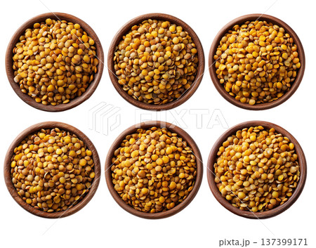Cooked green lentils in a natural wooden bowl, isolated on white transparent background, concept of healthy eating Cooked green lentils in a natural wooden bowl, isolated on white transparent background, concept of healthy eating 137399171
