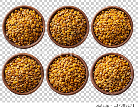 Cooked green lentils in a natural wooden bowl, isolated on white transparent background, concept of healthy eating Cooked green lentils in a natural wooden bowl, isolated on white transparent background, concept of healthy eating 137399171