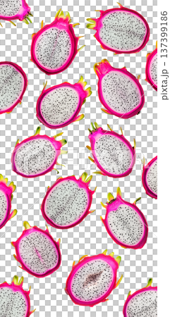 Whole and halved dragon fruits with vibrant pink skin and white flesh with seeds, on white background, concept of tropical food Whole and halved dragon fruits with vibrant pink skin and white flesh with seeds, on white background, concept of tropical food 137399186