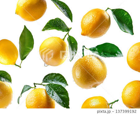 Juicy yellow lemons with green leaves and water drops, isolated on white background. Concept of freshness and citrus Juicy yellow lemons with green leaves and water drops, isolated on white background. Concept of freshness and citrus 137399192