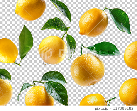 Juicy yellow lemons with green leaves and water drops, isolated on white background. Concept of freshness and citrus Juicy yellow lemons with green leaves and water drops, isolated on white background. Concept of freshness and citrus 137399192