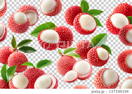 Juicy lychee fruits with red rough skin and green leaves, peeled and whole, on white background. Concept of tropical fruit 137399194