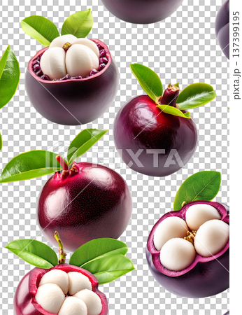 Whole and halved mangosteen fruits with green leaves isolated on white background, concept of tropical exotic fruits pattern Whole and halved mangosteen fruits with green leaves isolated on white background, concept of tropical exotic fruits pattern 137399195